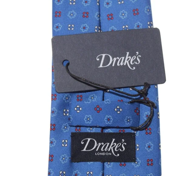 Drake's NWT Neck Tie in Blue w/ Red/White/Light Blue Geometric Pattern 100% Silk